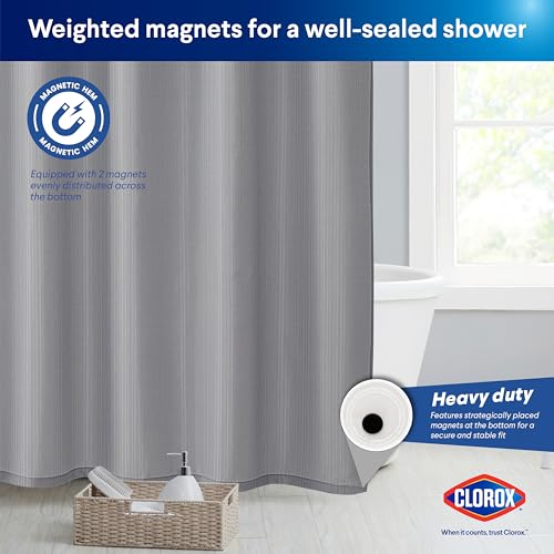 CLOROX Bathroom Shower Curtain with Waterproof Lightweight PEVA Liner Set, Standard Size for Bathroom, with Weighted Magnets and 12 Metal Hooks - 70" x 72" Grey