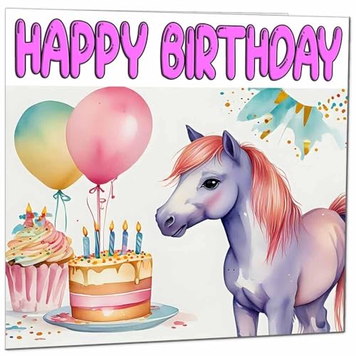 Purple Fox Horse Pony Birthday Card - Cute Girls Greeting Card