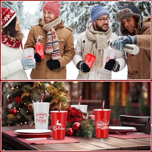Christmas Tumbler Cups Bulk - 10 Pcs 34 oz with Lids & Straws, Holiday Drinkware - Variation of 10