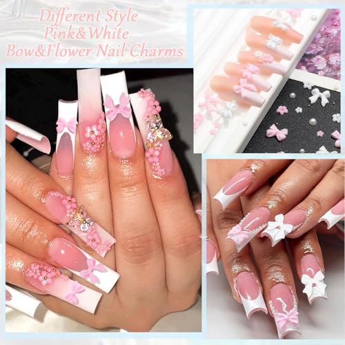 RODAKY Pink Bow & Pearl Flower Nail Art Charms 3D Resin Flatback Decorations