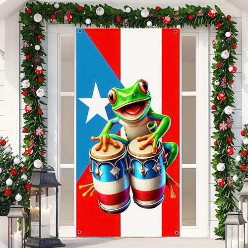 BlissYard Puerto Rico Door Cover 35x71 Inch Frog Drum Banner
