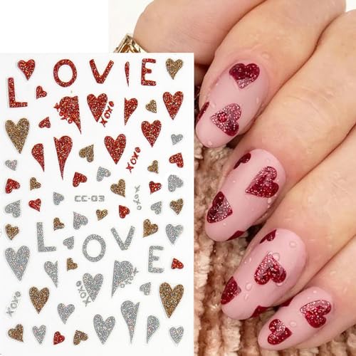 3D Glitter Star Nail Stickers - 6 Sheets Shiny Red Gold Silver Decals