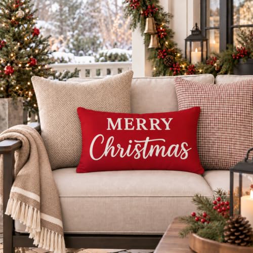 PANDICORN Christmas Pillow Covers 12x20 Red Merry Holiday Home Decor Crimson Red