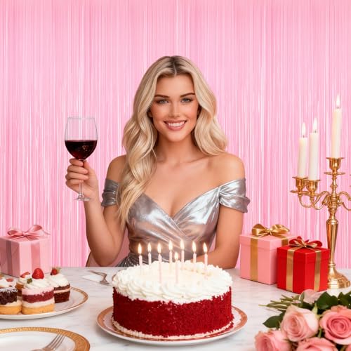 2 Pack Pastel Pink Foil Fringe Curtains - Macaron Pink Party Backdrop