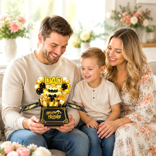 3D Pop Up Birthday Card for Dad - Black Gold Design with Envelope
