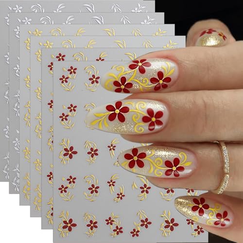 3D Floral Nail Art Stickers - 6 Sheets Self-Adhesive Daisy & Flower Decals