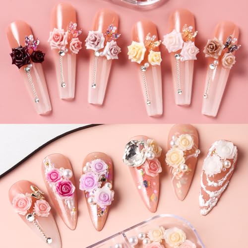 3D Flower Nail Charms with Pearls, Camellia Rose Floral Jewelry Set