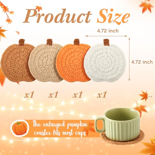 Fall Crochet Pumpkin Coasters Set - 4 Pcs Autumn Drink Protectors in Orange, Brown, Terracotta, Beige