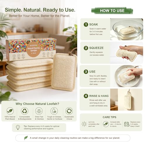 MUSDOOU Natural Loofah Dish Scrubber Sponges, 6 Pack Compostable Cleaning Pads