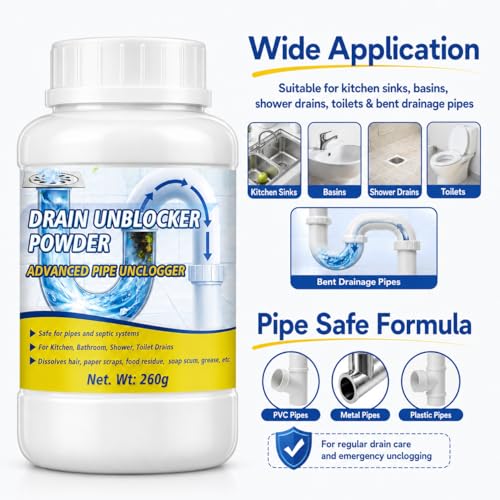 Lubynia Powerful Drain Clog Remover Powder, 260g Fast-Acting Pipe Cleaner