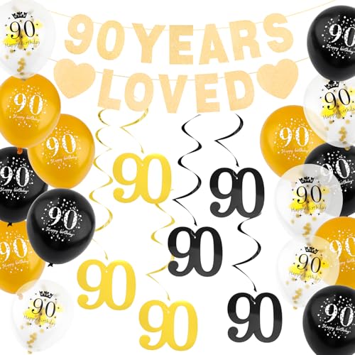 90th Birthday Decorations Set - Gold Banner, Balloons & Swirls