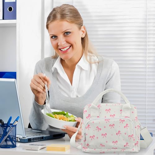 Large Pink Bow Insulated Lunch Bag with Adjustable Shoulder Strap