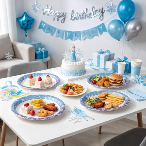 Heavy Duty Snowflake Oval Paper Plates 10.4x12.6 Inches - Blue and Purple, 50 Pack, Winter Party