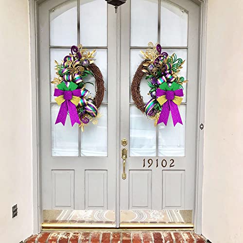 Hying 2 Pieces Mardi Gras Wreath Bows, Glitter Green Purple Gold Fat Tuesday Front Door Decor