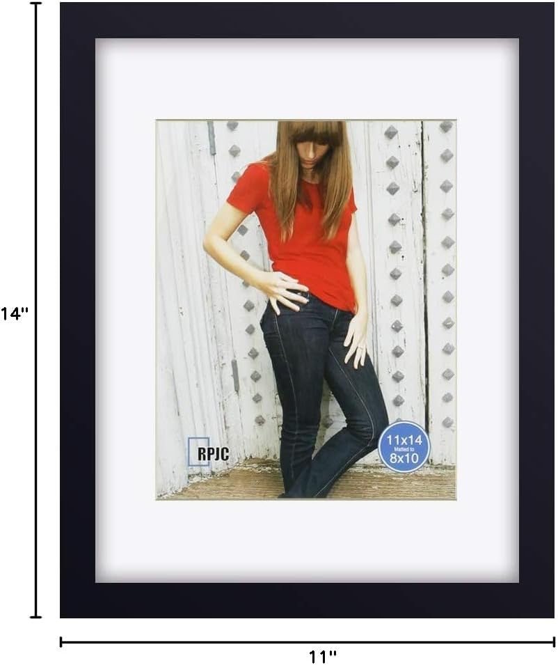 RPJC 11x14 Picture Frame - Solid Wood with High Definition Glass | Displays 8x10 with Mat or 11x14 Without Mat in Black