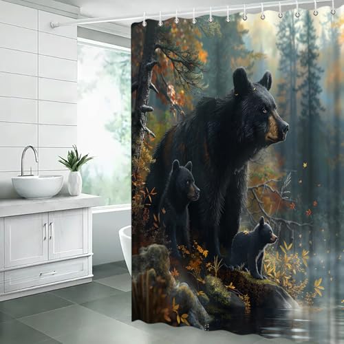 Rustic Black Bear Shower Curtain 70x70 Inches with Hooks
