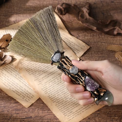 RENEMEGO Witchcraft Fluorite Crystal Broom - Wiccan Decor & Altar Supply