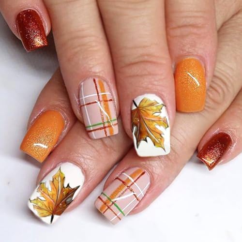 Fall Maple Leaf Press On Nails Medium Square Thanksgiving False Nails