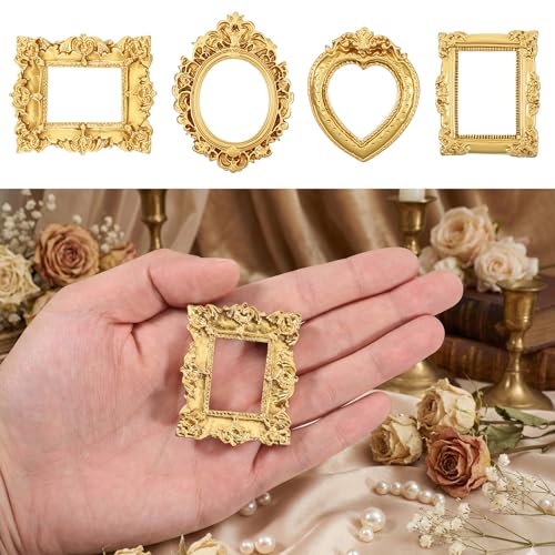 Dplolng Mini Vintage Picture Frames - Set of 4 Gold Frames for Crafts