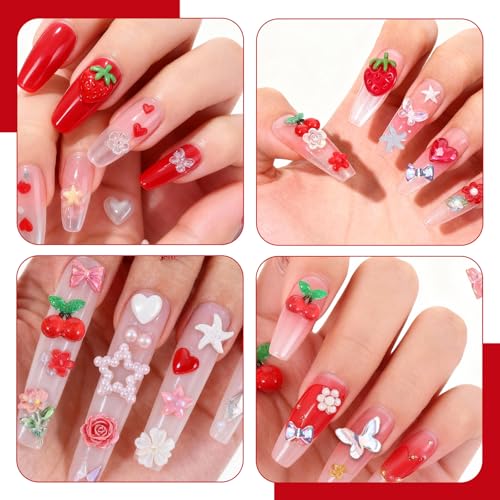 Vin Beauty 100pcs 3D Mixed Resin Nail Charms Strawberry Flower Bow