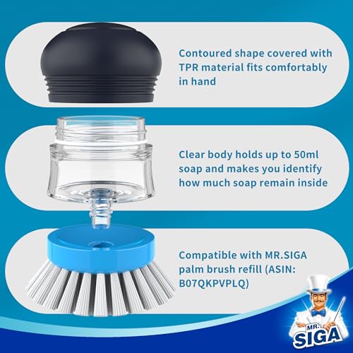 MR.SIGA Soap Dispensing Dish Brush - Refillable Non-Scratch Kitchen Scrubber, Navy/Blue