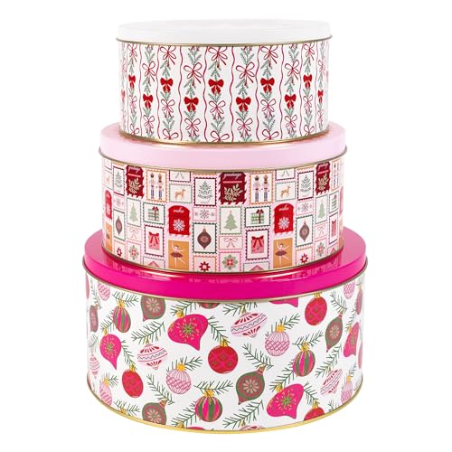 Martha Stewart Metal Cookie Tins, 3-Piece Nesting Set, Small, Medium & Large, Christmas Containers for Gift & Storage (Ornaments and Bows)