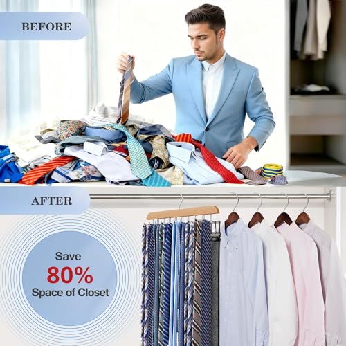 Wooden Tie and Belt Organizer Hanger with 20 Rotating Foldable Hooks