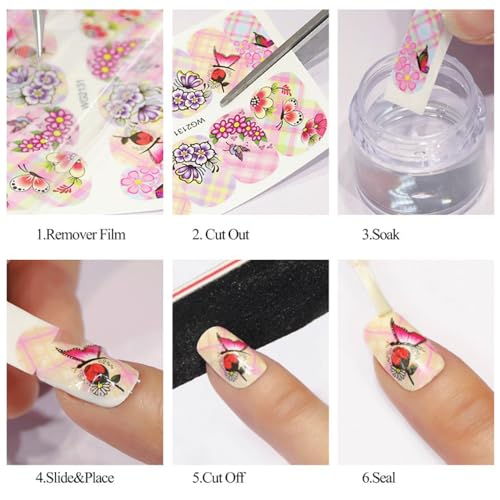 24 Sheets Floral Nail Stickers Water Transfer Pink Blue Flowers Decals