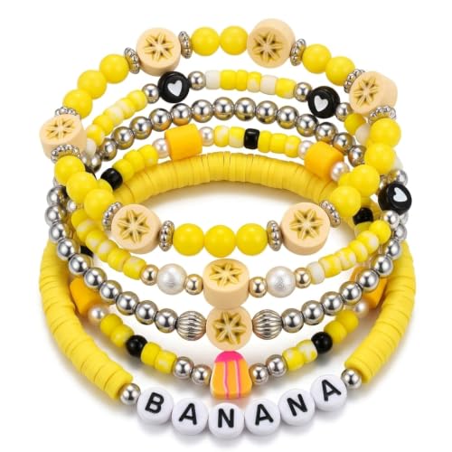 5-Piece Banana Baseball Fan Bracelet Set, Stackable Stretch Beaded Wristbands