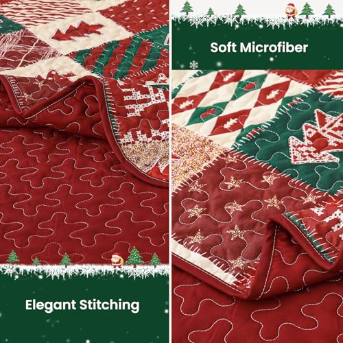 Christmas Quilt Queen Size 3-Piece Bedspread Set with Tree Design, Red & Green, 96x90 Inches - Merry Christmas Variation