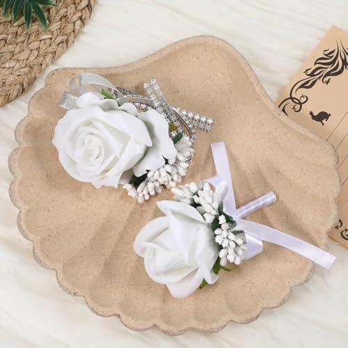 Lusofie White Rose Corsage & Boutonniere Set for Prom