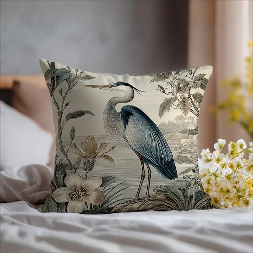 Vintage Blue Heron Pillow Cover 18x18 - Bird-03, Double-Sided Flannel