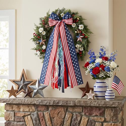 Patriotic 29.5 Inch Wreath Sash with Clip-On Star for 4th of July