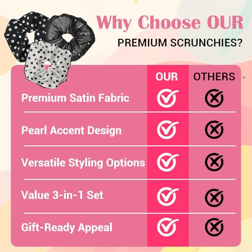 Nogeqi 3 Pcs Oversized Satin Scrunchies with Pearl and Polka Dot