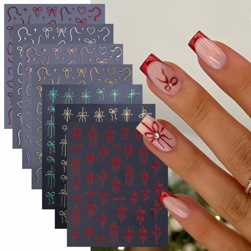 SWEET TREND Christmas Bow Nail Art Stickers - 7 Sheets Festive Red & Green Ribbon Decals