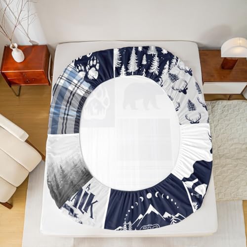 Kids Queen Size Bedding Set - Deer Bear Wolf Hunting Adventure Geometric Plaid Blue Christmas 4pcs