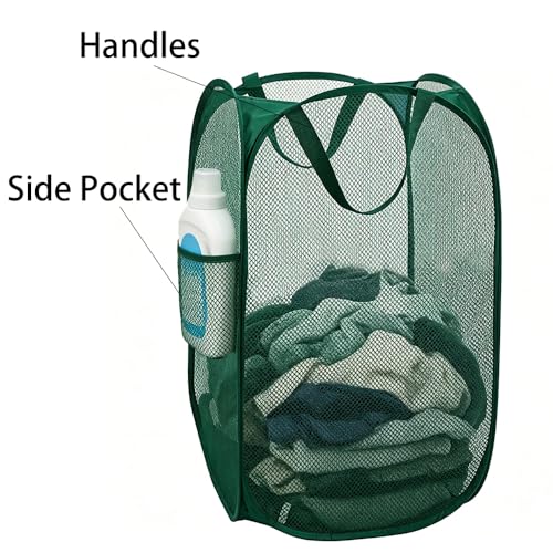 Larpur Pop-Up Laundry Hamper, Collapsible Mesh Clothes Basket - Dark Green