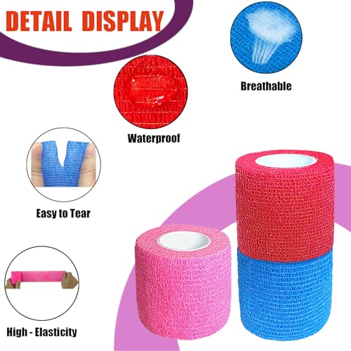 3 Pack 2 Inches Self Adhesive Bandage Wrap Vet Wrap for Pets, Stretch Self Adherent Tape Cohesive Wrap for Athletic, Sports, Wrist and Ankle(Multi Colors)