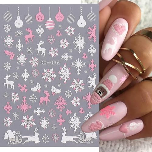 5D Embossed Christmas Nail Art Stickers - 8 Sheets Winter Snowflake Decals