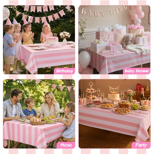 3 Packs Pink Stripe Plastic Tablecloths 54x108 Inch - Vertical