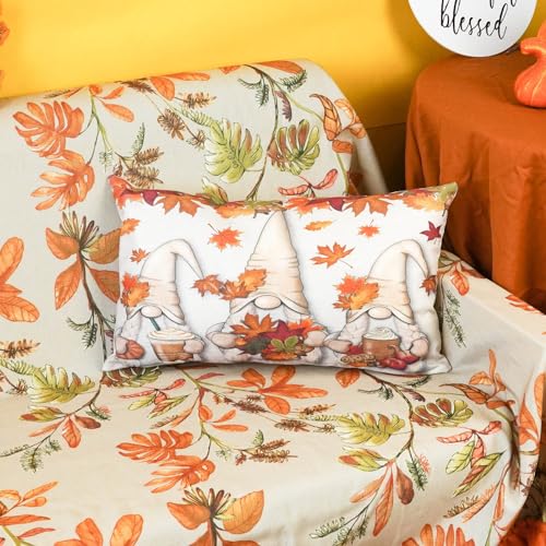 ONWAY Fall Maple Leaves Gnome Lumbar Pillow Cover 12x20 Gray Autumn Decor