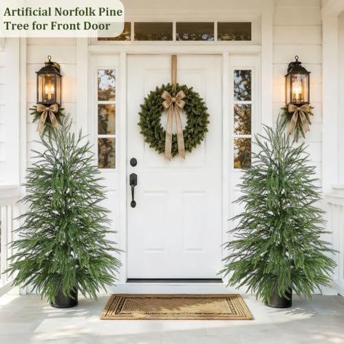 Green 2 Pack Artificial Norfolk Pine Topiary Trees with Ground Spikes - 3 FT