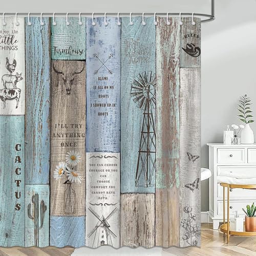 Farmhouse Rustic Shower Curtain - Vintage Wooden Planks, 72x72in, Waterproof with 12 Hooks