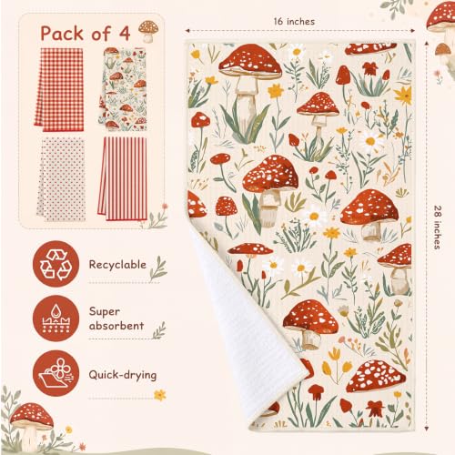 Mushroom Pattern Kitchen Towels Set - 4 Pcs Red Beige Waffle Dish Towels - VitalCozy