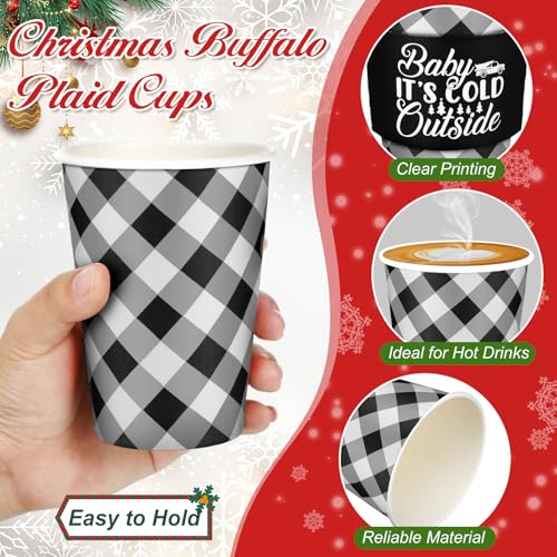 Christmas Buffalo Plaid Coffee Cups Set 16 oz - Black & White with Lids, Sleeves & Straws