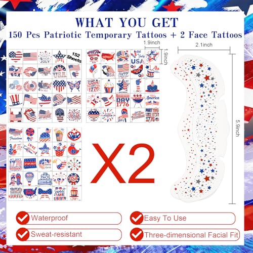 DUSCAU Patriotic Temporary Tattoos 152pcs - Red, White and Blue 4th of July Party Supplies