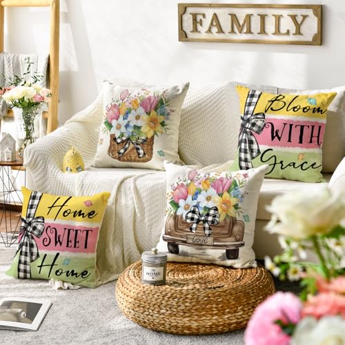 Spring Flowers Tulip Basket Throw Pillow Covers - Set of 4, 18x18