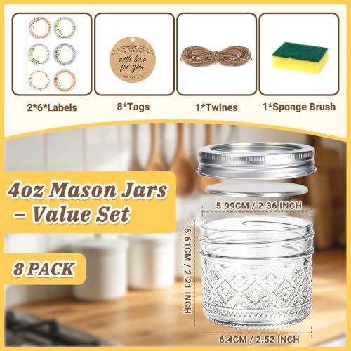 STARDISDE 4oz Clear Glass Mason Jars 8-Pack with Lids - Vintage Style, Food-Grade, Leakproof, DIY & Gift Set