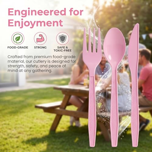 COSINIA 90-Piece Pink Disposable Cutlery Set, 6-Inch Heavy-Duty Flatware