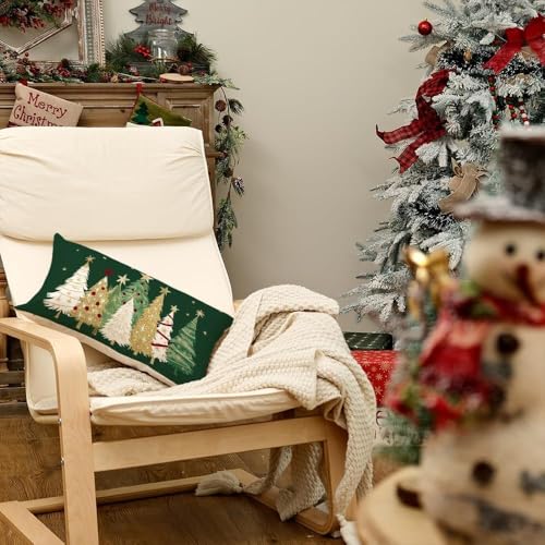 Christmas Pillow Cover 12x20 Inch - Watercolor Tree & Stars Decor